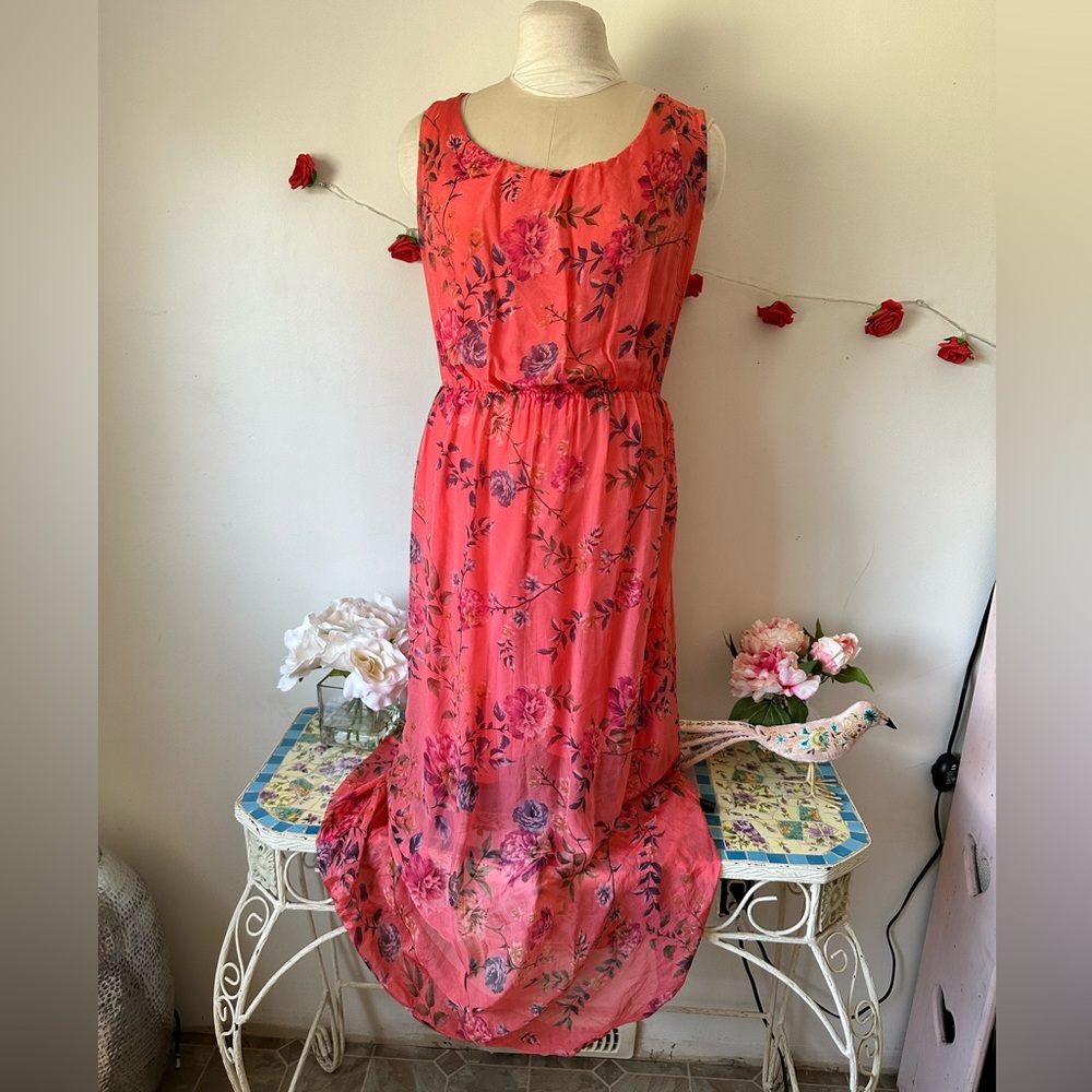 Italy 🇮🇹 Silk Pink Floral Vibrant Orange and Pink Tiered Maxi Sundress S M L - Picture 1 of 11
